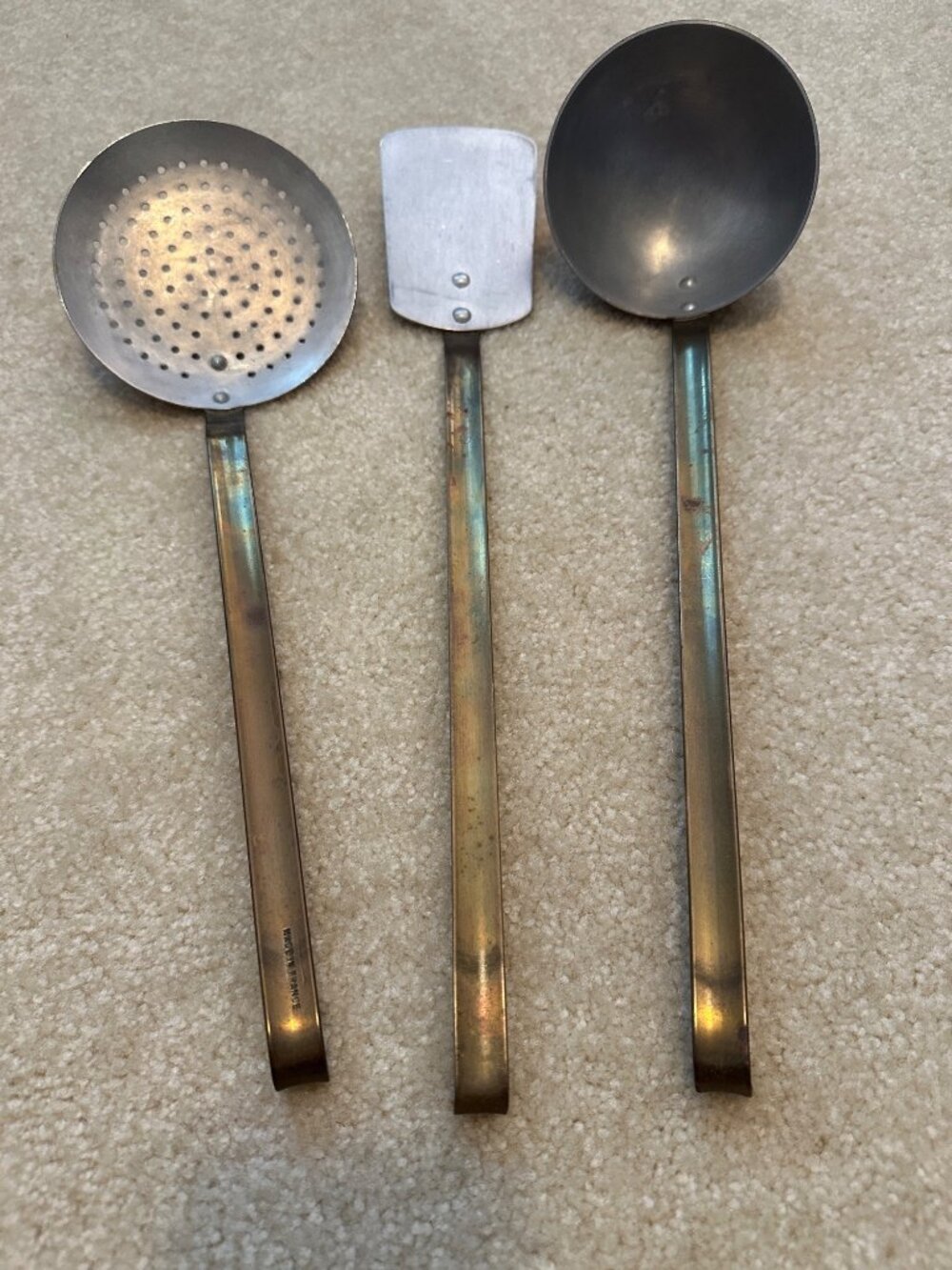 Vintage French Copper Country Kitchen Utensil Set 3 Piece Rustic Farmhouse